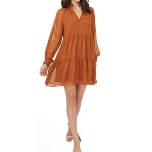 1.State Tiered Sheer Overlay Babydoll Dress Rust Orange Size S